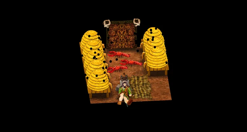 A Haven and Hearth character beside beehives, from Seatribe’s official screenshot gallery
