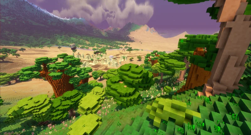A character exploring the voxel savannah in Veloren, from the official press kit